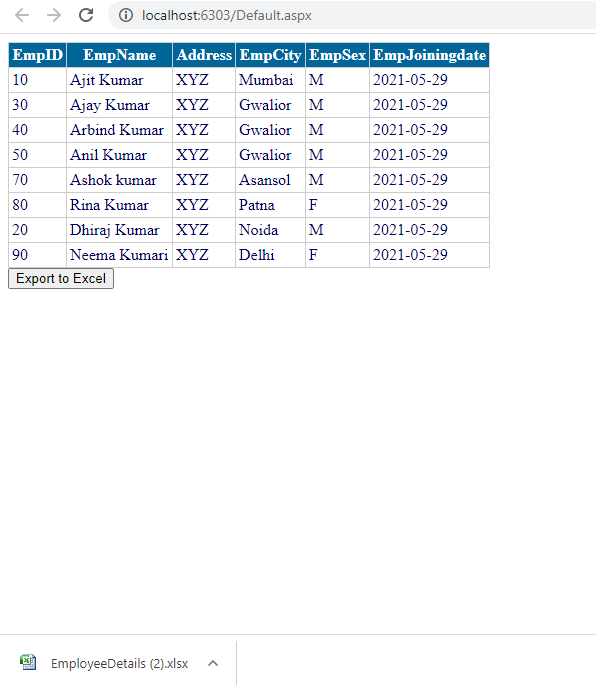 Bind Gridview and Export Gridview Data To Excel Using ASP.Net C#